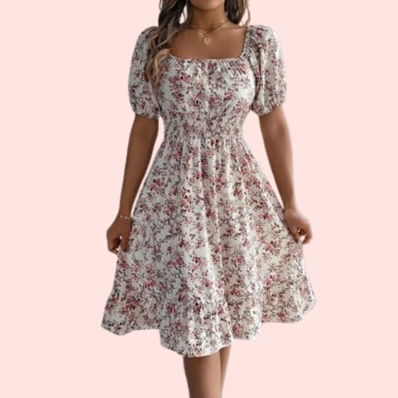 Puffärmel - Kleid mit Rundhalsausschnitt und Print