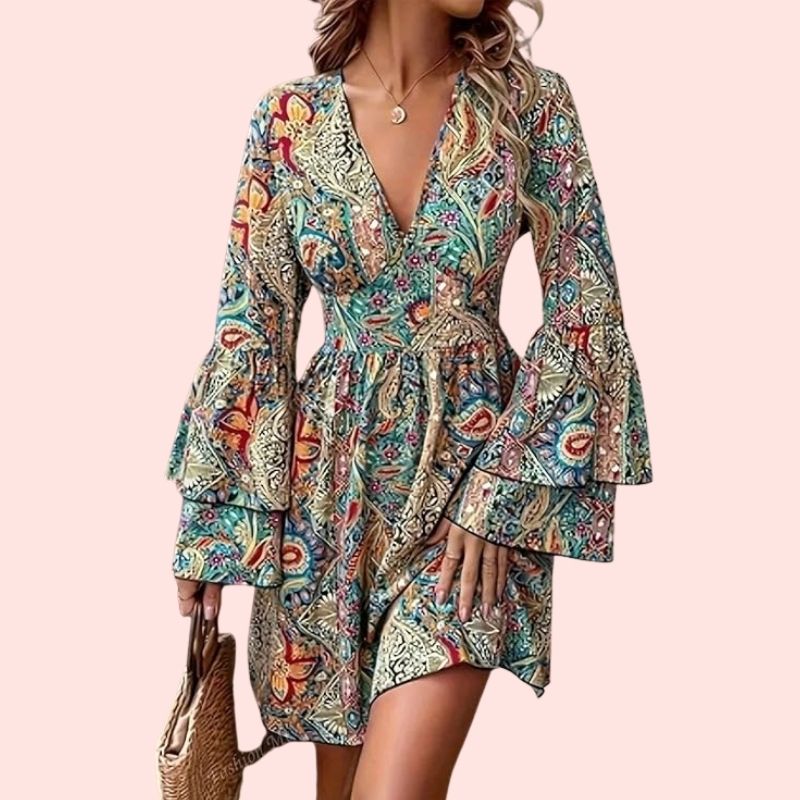 Langarmshirt – Boho-Blumenmuster, V-Ausschnitt
