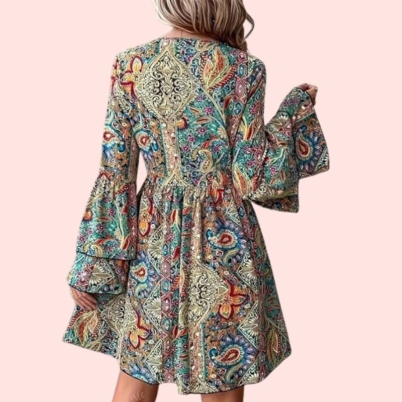 Langarmshirt – Boho-Blumenmuster, V-Ausschnitt