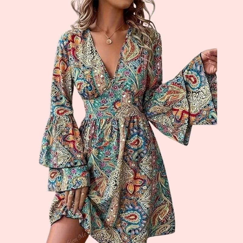 Langarmshirt – Boho-Blumenmuster, V-Ausschnitt