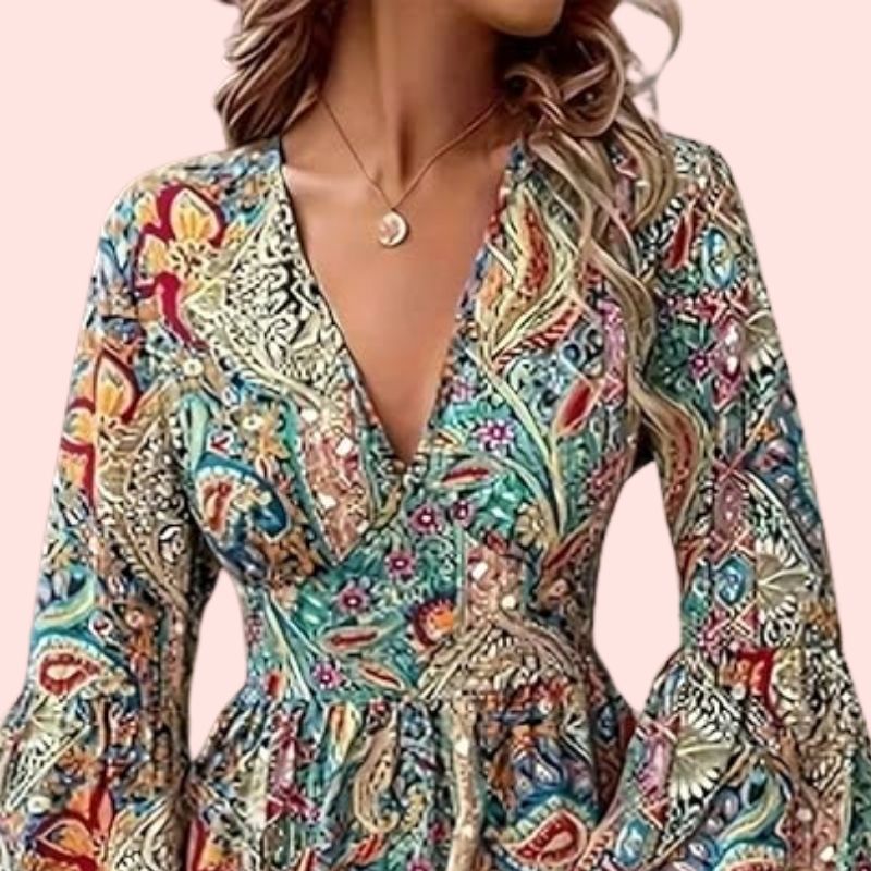 Langarmshirt – Boho-Blumenmuster, V-Ausschnitt